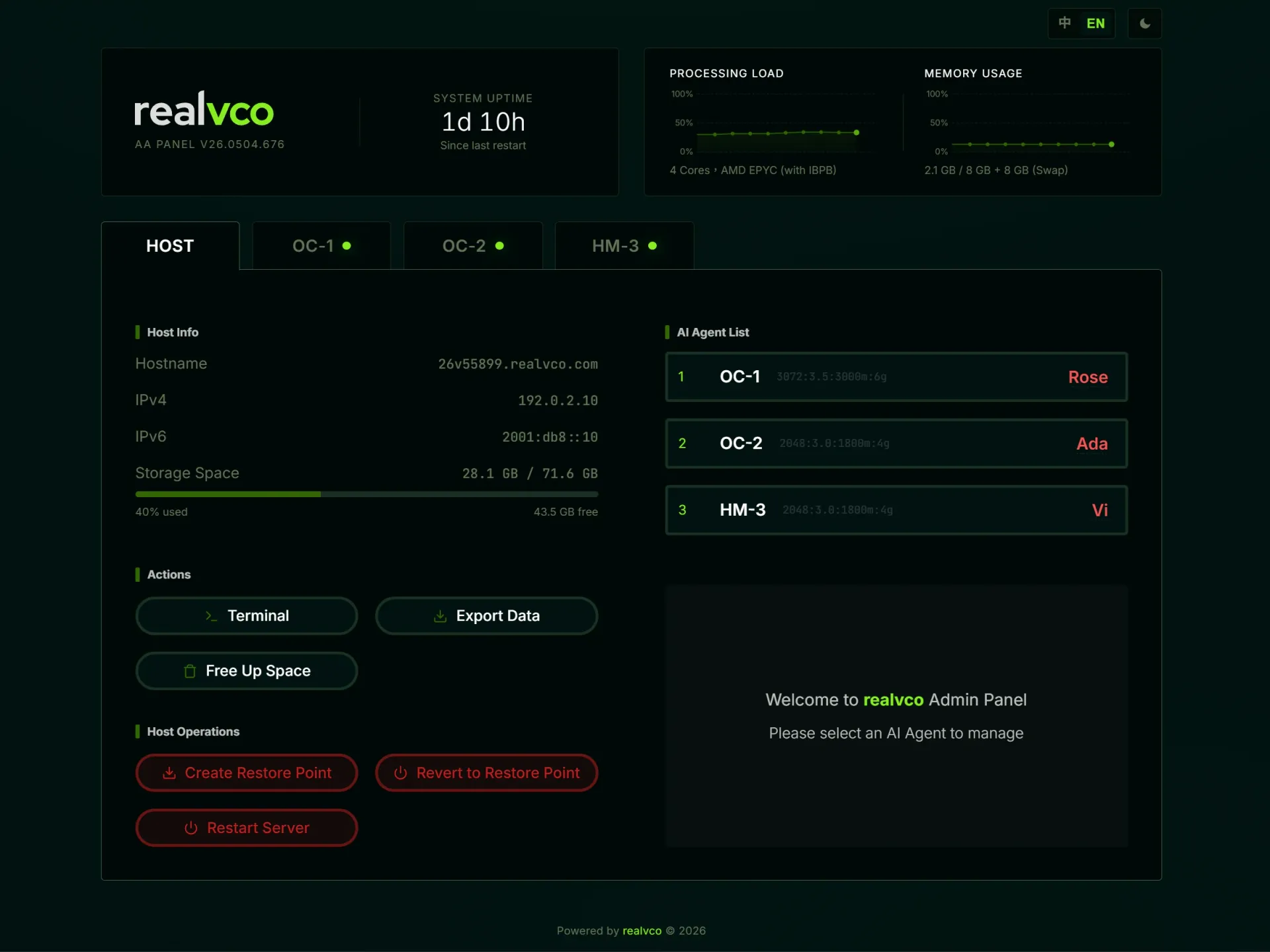 realvco admin panel dashboard showing real-time OpenClaw and Hermes-Agent AI agent container monitoring
