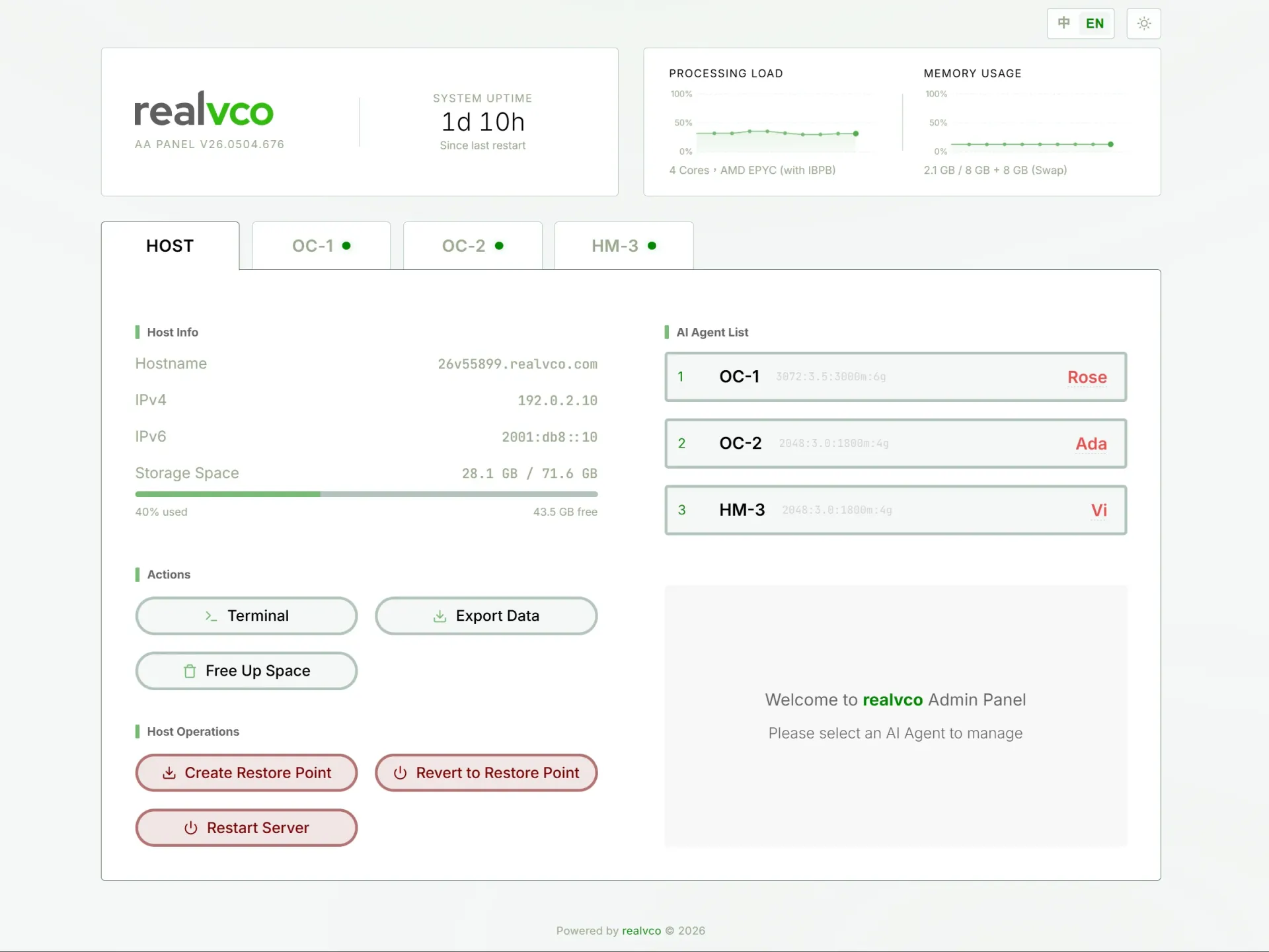 realvco admin panel dashboard showing real-time OpenClaw and Hermes-Agent AI agent container monitoring